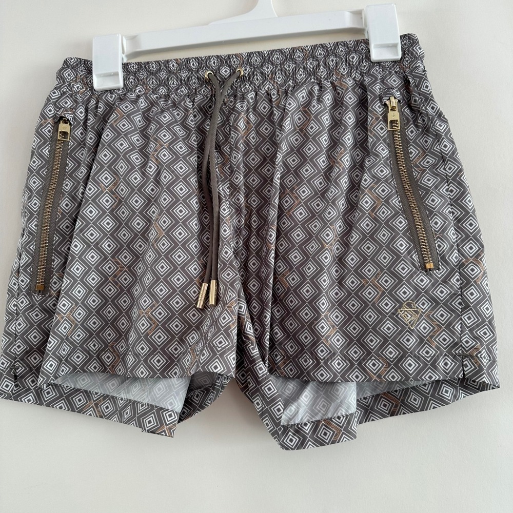 Sink Swimwear Mens Geometric Diamond Print Luxury Resort Swim Trunks Taupe M